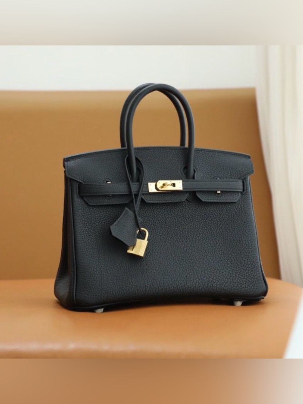 Classic Structured Women’s Handbag in Black with Gold Hardware togo leather 25